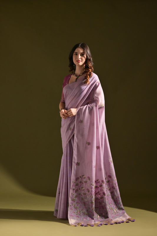 Lavender Color Soft Muga Cotton Saree Floral Weaving