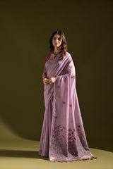 Lavender Color Soft Muga Cotton Saree Floral Weaving