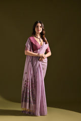 Lavender Color Soft Muga Cotton Saree Floral Weaving