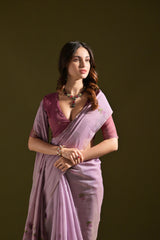 Lavender Color Soft Muga Cotton Saree Floral Weaving