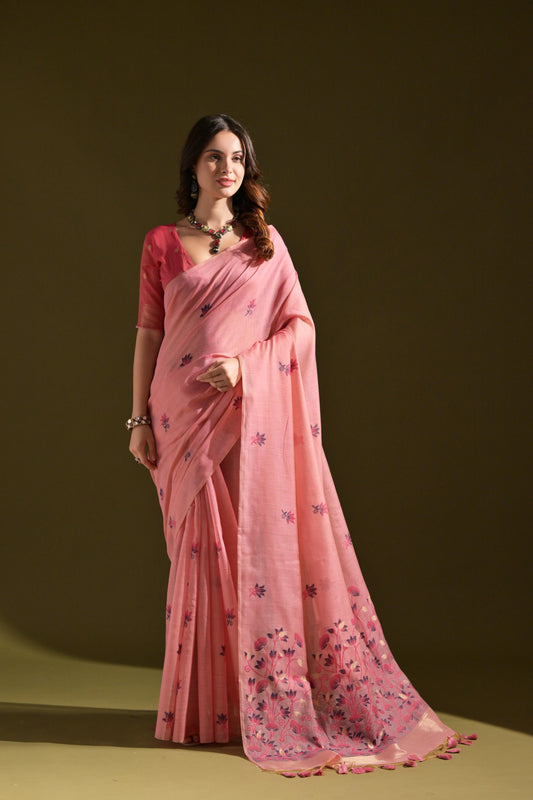 Pink Color Soft Muga Cotton Saree Floral Weaving