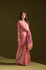 Pink Color Soft Muga Cotton Saree Floral Weaving