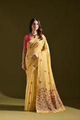 Yellow Color Soft Muga Cotton Saree Floral Weaving