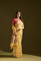 Yellow Color Soft Muga Cotton Saree Floral Weaving