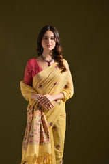 Yellow Color Soft Muga Cotton Saree Floral Weaving