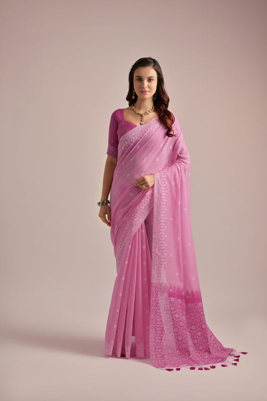 Pink Muga Cotton Saree Resham Weaving