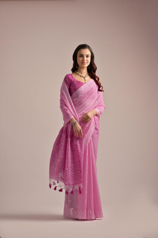 Pink Muga Cotton Saree Resham Weaving