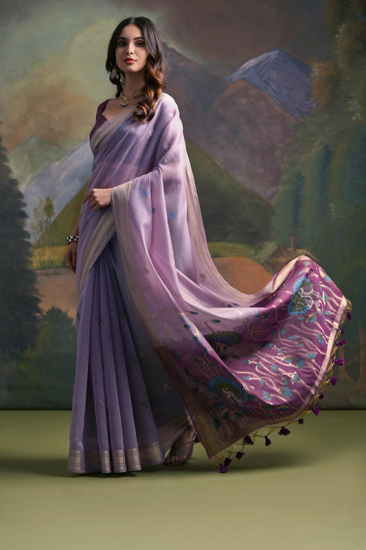 Lavender Color Soft Muga Cotton Saree For Women