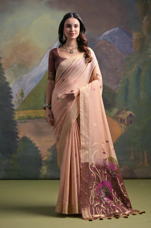 Peach Color Soft Muga Cotton Saree For Women