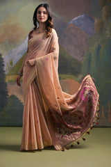 Peach Color Soft Muga Cotton Saree For Women