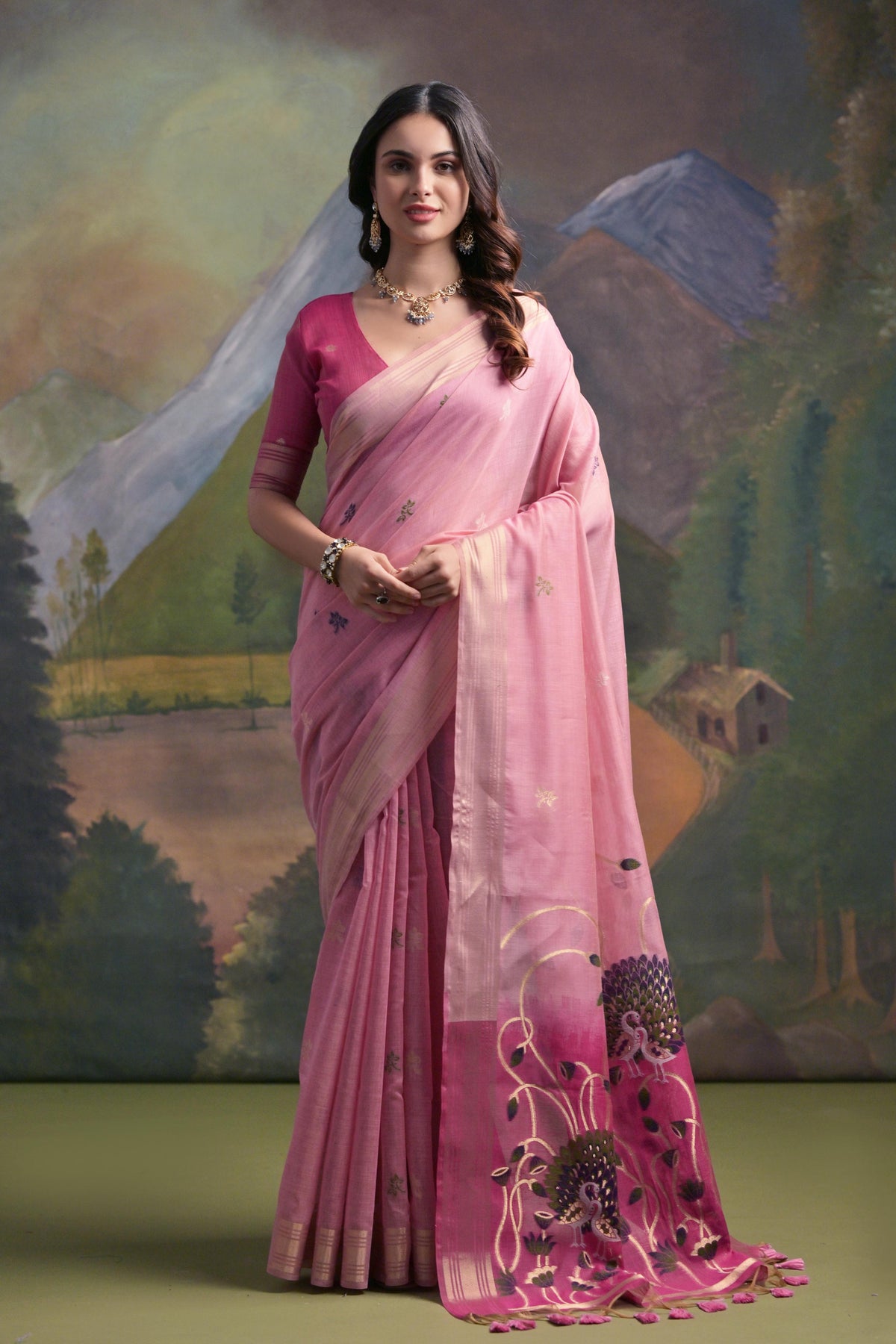 Pink Color Soft Muga Cotton Saree