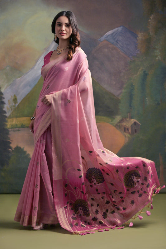 Pink Color Soft Muga Cotton Saree