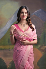 Pink Color Soft Muga Cotton Saree