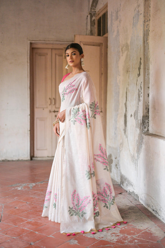 Pink Soft Muga Cotton Saree For Wedding