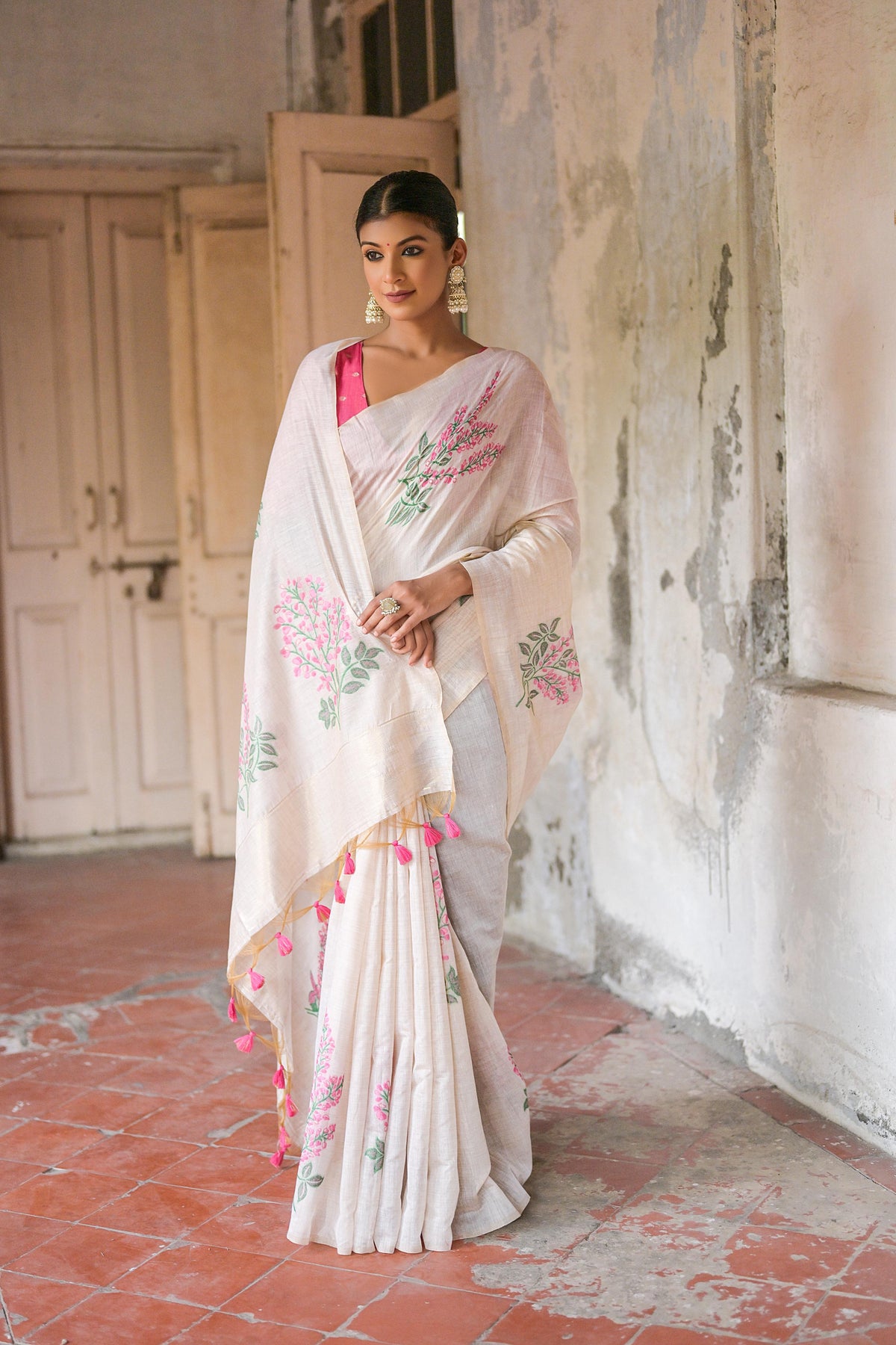 Pink Soft Muga Cotton Saree For Wedding