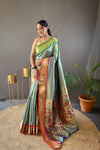 Mehndi Color Elegant Paithani Weaving Saree with Ganga Jamuna Border: Rich Pallu, All-Over Buttis & Unstitched Blouse Piece.