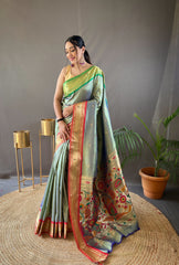 Mehndi Color Elegant Paithani Weaving Saree with Ganga Jamuna Border: Rich Pallu, All-Over Buttis & Unstitched Blouse Piece.