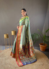 Mehndi Color Elegant Paithani Weaving Saree with Ganga Jamuna Border: Rich Pallu, All-Over Buttis & Unstitched Blouse Piece.