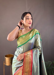 Mehndi Color Elegant Paithani Weaving Saree with Ganga Jamuna Border: Rich Pallu, All-Over Buttis & Unstitched Blouse Piece.