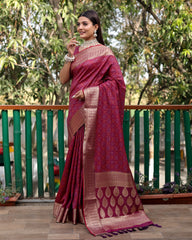 Exquisite Maroon Pure Silk Bandhej Patola Sarees Featuring Rich Zari Weaving and Contrasting Borders With Unstitched Blouse Piece.