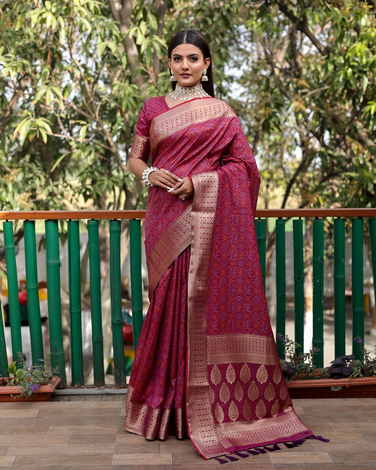 Exquisite Maroon Pure Silk Bandhej Patola Sarees Featuring Rich Zari Weaving and Contrasting Borders With Unstitched Blouse Piece.