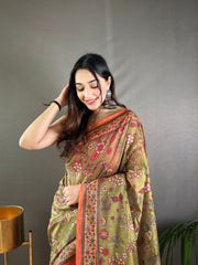 Mehndi Pure Malai Cotton Saree with Kalamkari Print