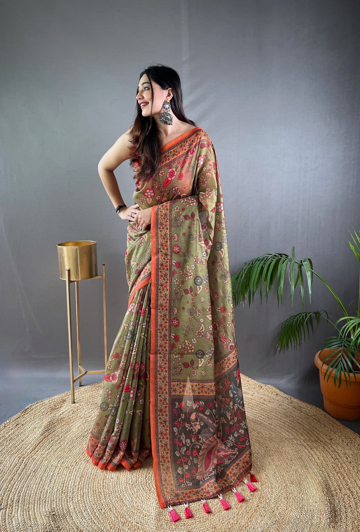 Mehndi Pure Malai Cotton Saree with Kalamkari Print