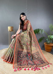 Mehndi Pure Malai Cotton Saree with Kalamkari Print