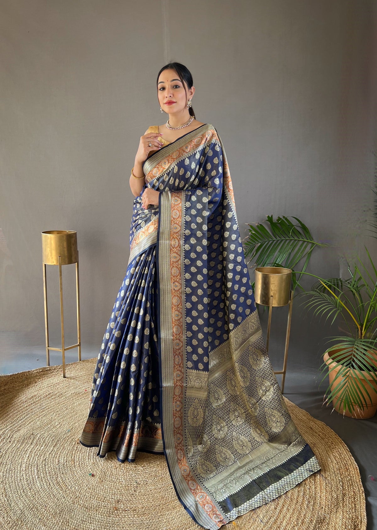 Navy Color Rosy Soft Silk Saree with Beautiful Border, Rich Pallu & Full Brocade | Unstitched Blouse Included.