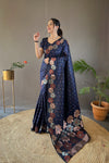 Navy Color Pure Soft Silk Saree with Copper & Gold Weaving, Floral Panel, All-Over Buttis | Fully Woven Unstitched Blouse.