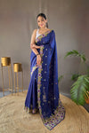 Navy Color Pure Tussar Silk Saree With Embroidery Work