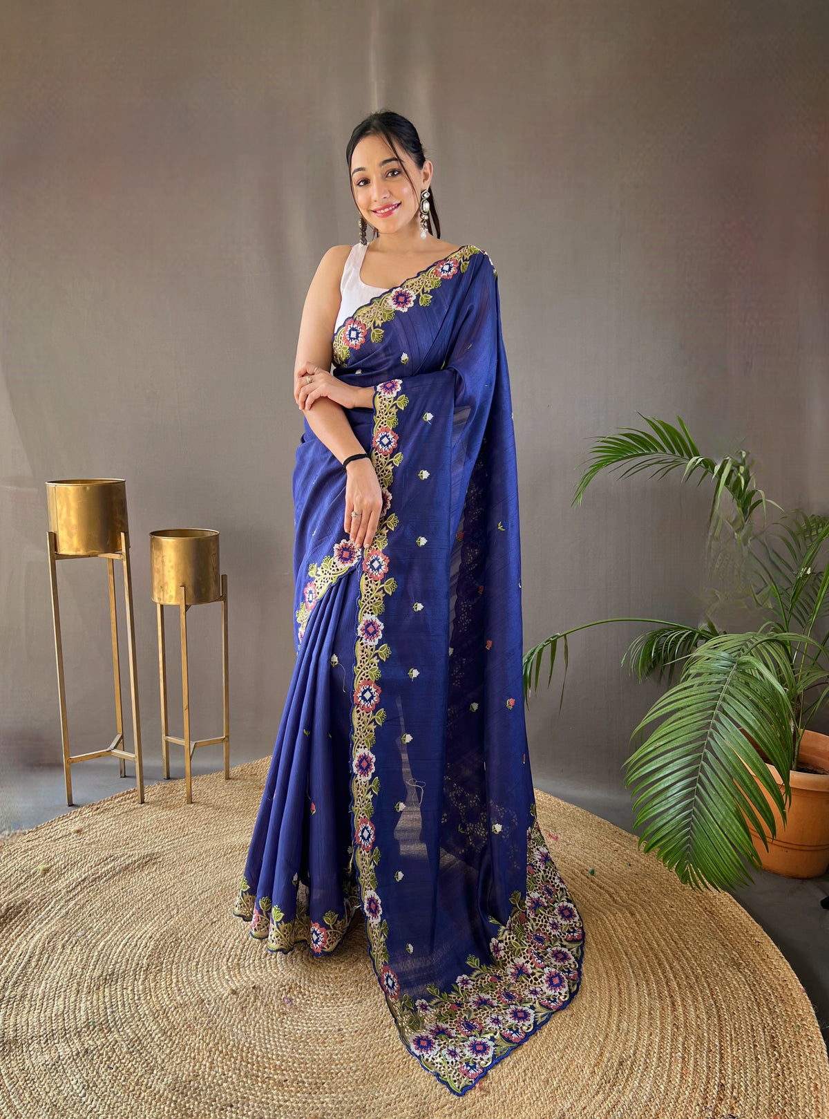 Navy Color Pure Tussar Silk Saree With Embroidery Work