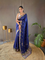 Navy Color Pure Tussar Silk Saree With Embroidery Work