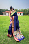 Navy Color Paithani Weaving Saree with Ganga Jamuna Border: Elegant Rich Pallu, All-Over Buttis, and New Concept Design.