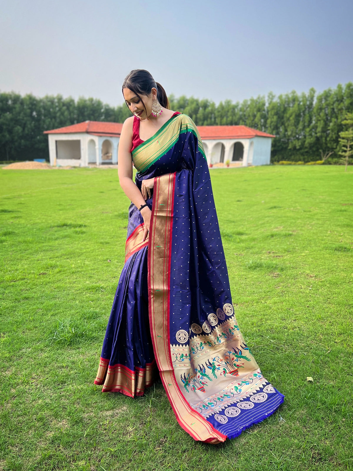 Navy Color Paithani Weaving Saree with Ganga Jamuna Border: Elegant Rich Pallu, All-Over Buttis, and New Concept Design.