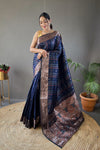 Elegantly Navy Color Woven Silk Saree with Silver, Copper, and Antique Detailing: Jacquard Border and All-Over Zari Lining with Unstitched Blouse Piece.