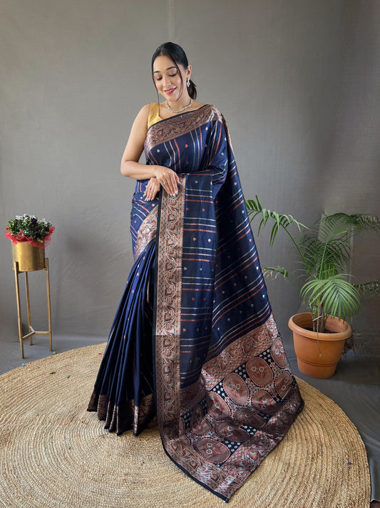 Elegantly Navy Color Woven Silk Saree with Silver, Copper, and Antique Detailing: Jacquard Border and All-Over Zari Lining with Unstitched Blouse Piece.