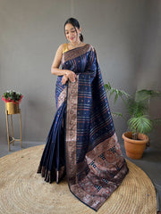 Elegantly Navy Color Woven Silk Saree with Silver, Copper, and Antique Detailing: Jacquard Border and All-Over Zari Lining with Unstitched Blouse Piece.