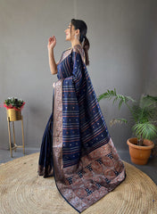 Elegantly Navy Color Woven Silk Saree with Silver, Copper, and Antique Detailing: Jacquard Border and All-Over Zari Lining with Unstitched Blouse Piece.