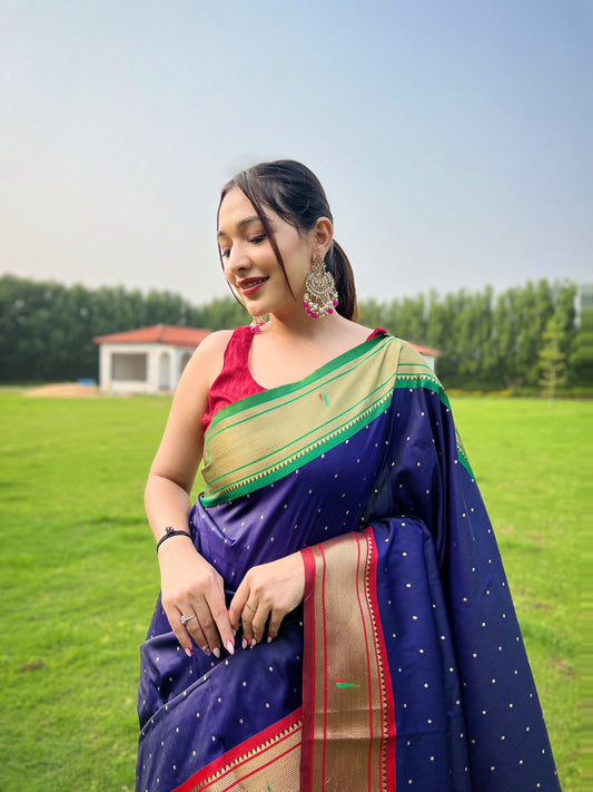 Navy Color Paithani Weaving Saree With New Concept Design