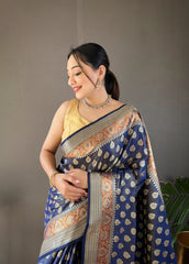 Navy Color Rosy Soft Silk Saree with Beautiful Border, Rich Pallu & Full Brocade | Unstitched Blouse Included.