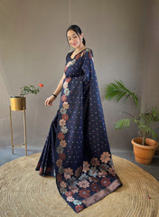 Navy Color Pure Soft Silk Saree with Copper & Gold Weaving, Floral Panel, All-Over Buttis | Fully Woven Unstitched Blouse.