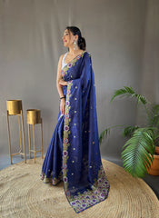 Navy Color Pure Tussar Silk Saree With Embroidery Work