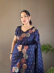 Navy Color Pure Soft Silk Saree with Copper & Gold Weaving, Floral Panel, All-Over Buttis | Fully Woven Unstitched Blouse.