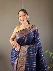 Elegantly Navy Color Woven Silk Saree with Silver, Copper, and Antique Detailing: Jacquard Border and All-Over Zari Lining with Unstitched Blouse Piece.