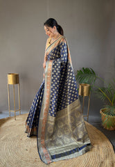 Navy Color Rosy Soft Silk Saree with Beautiful Border, Rich Pallu & Full Brocade | Unstitched Blouse Included.