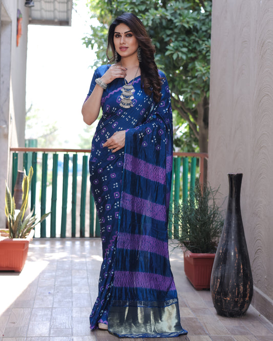 Navy Blue Bandhej Silk Saree with Tissue Pallu and Sibory Design