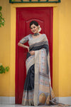 Navy Blue Tussar Print Soft Warli Print Saree for Weddings