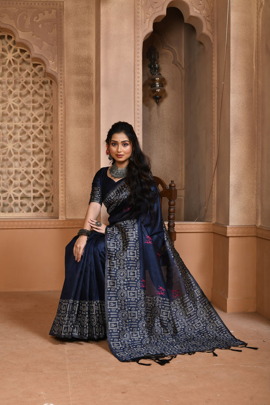 Navy Blue Color Bangalore Handloom Raw Silk Saree