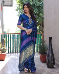 Navy Blue Bandhej Silk Saree with Tissue Pallu and Sibory Design